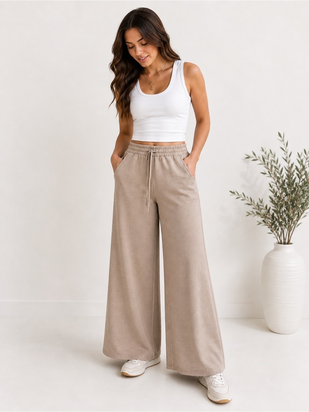 NEW Zenana Ash Mocha Acid Wash Wide Leg Sweatpants Size Large Cotton Relaxed